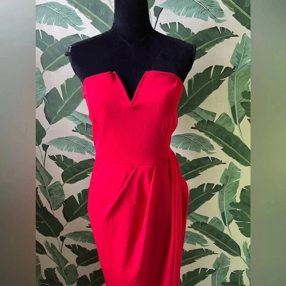 Boutique Scobe Red Strapless Plunge Neck Front Slit midi dress size L - Picture 3 of 5